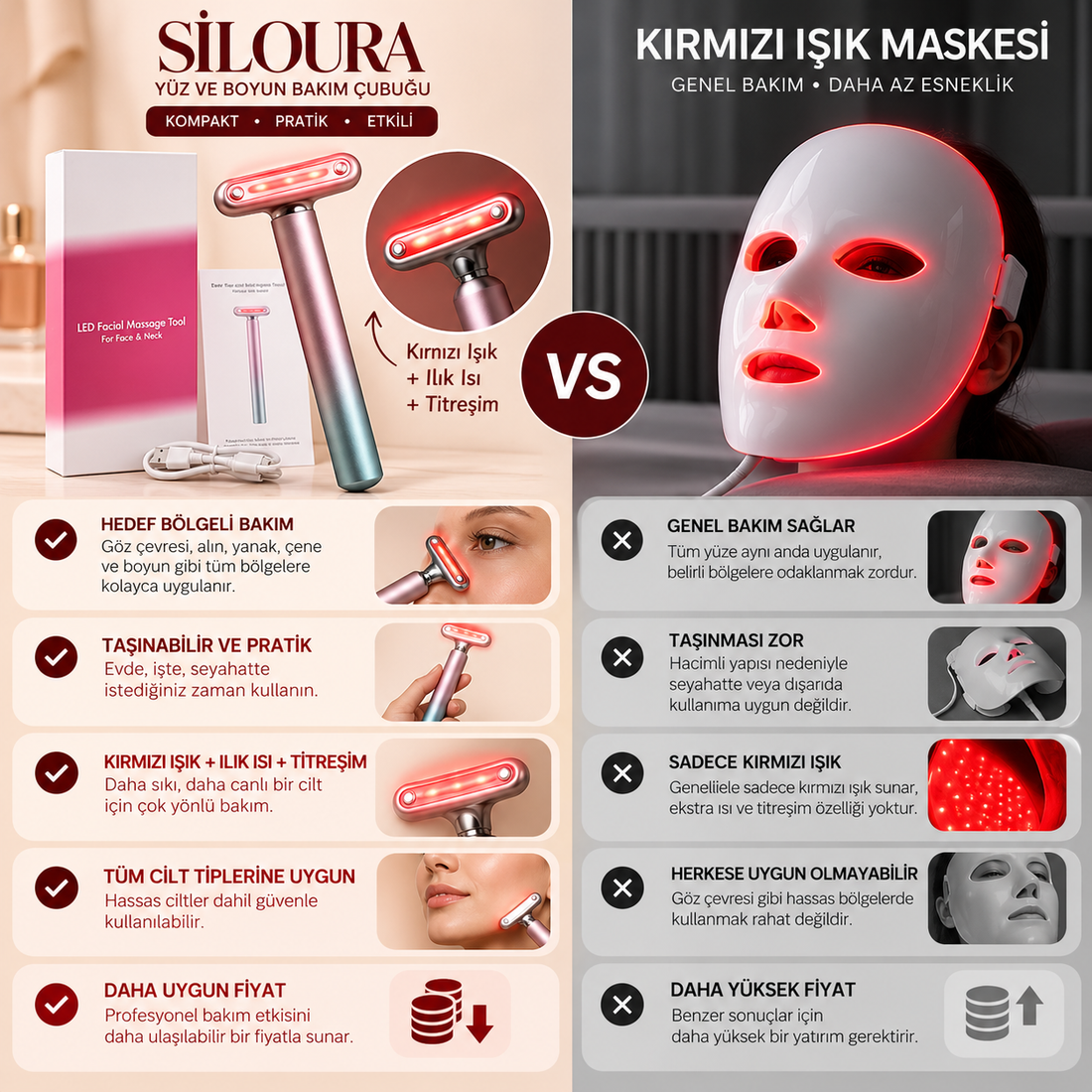 Siloura yüz ve boyun bakım çubuğu ile kırmızı ışık maskesi karşılaştırması